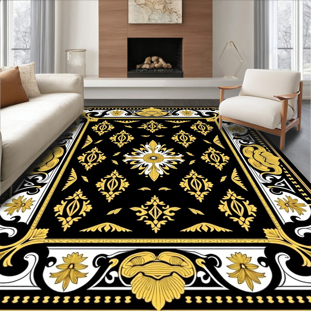 Ornate Gold Black Floral Medallion Rug