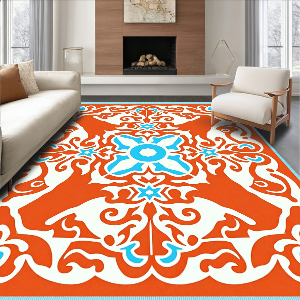Orange White Teal Floral Medallion Rug