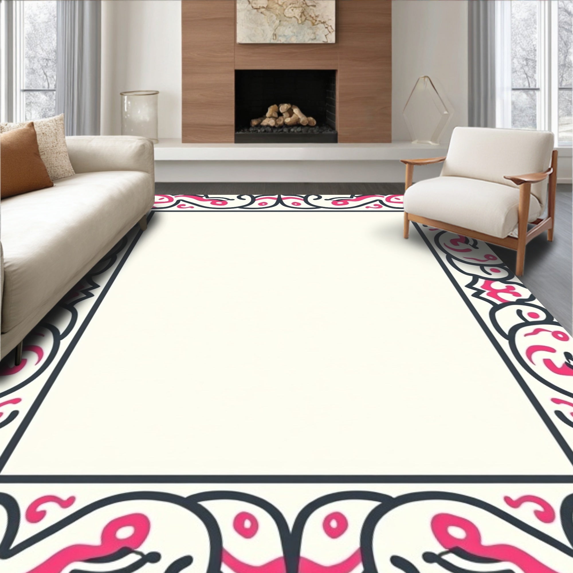 Crimson Scrollwork Border Cream Rug