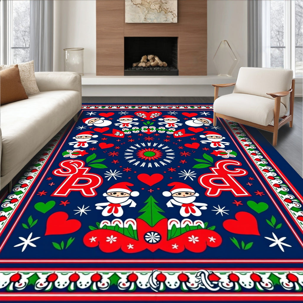 Festive Red Blue Santa Hearts Tannenbaum Rug
