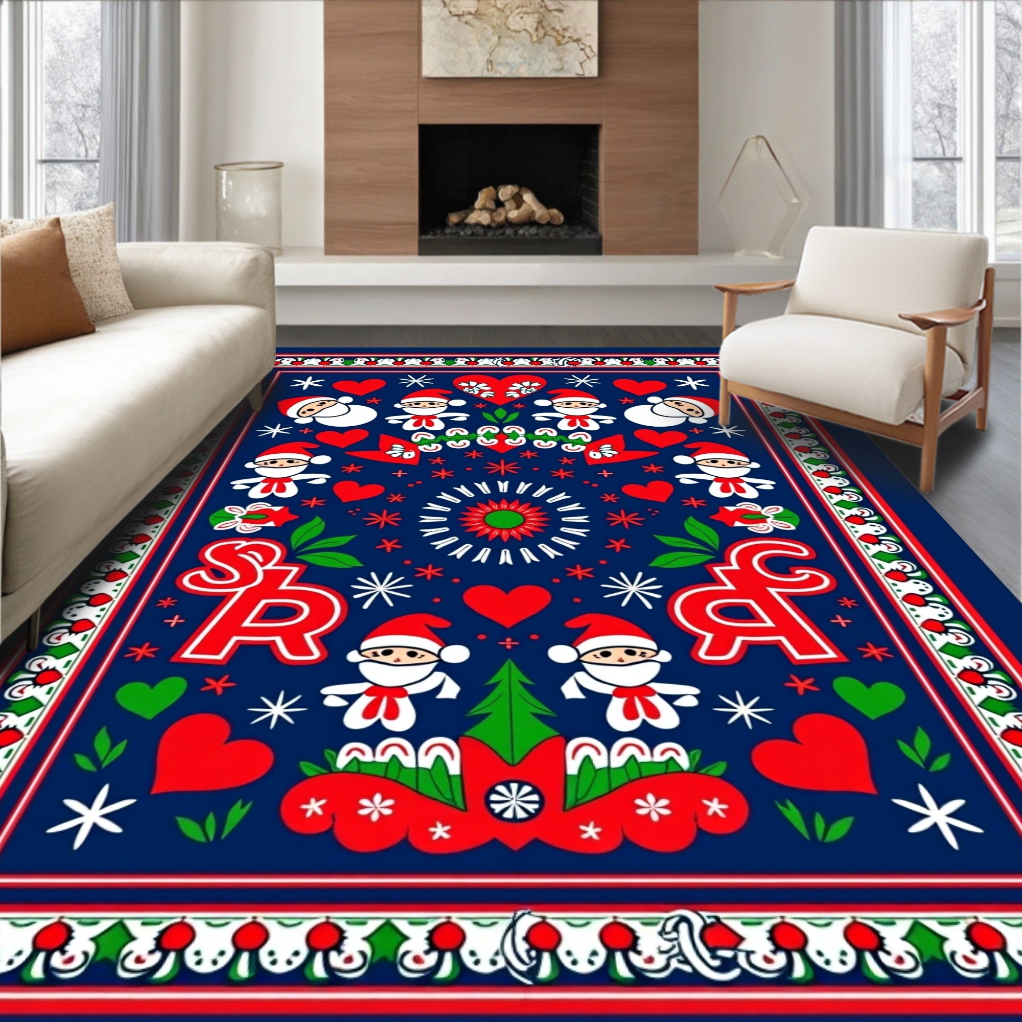Festive Red Blue Santa Hearts Tannenbaum Rug