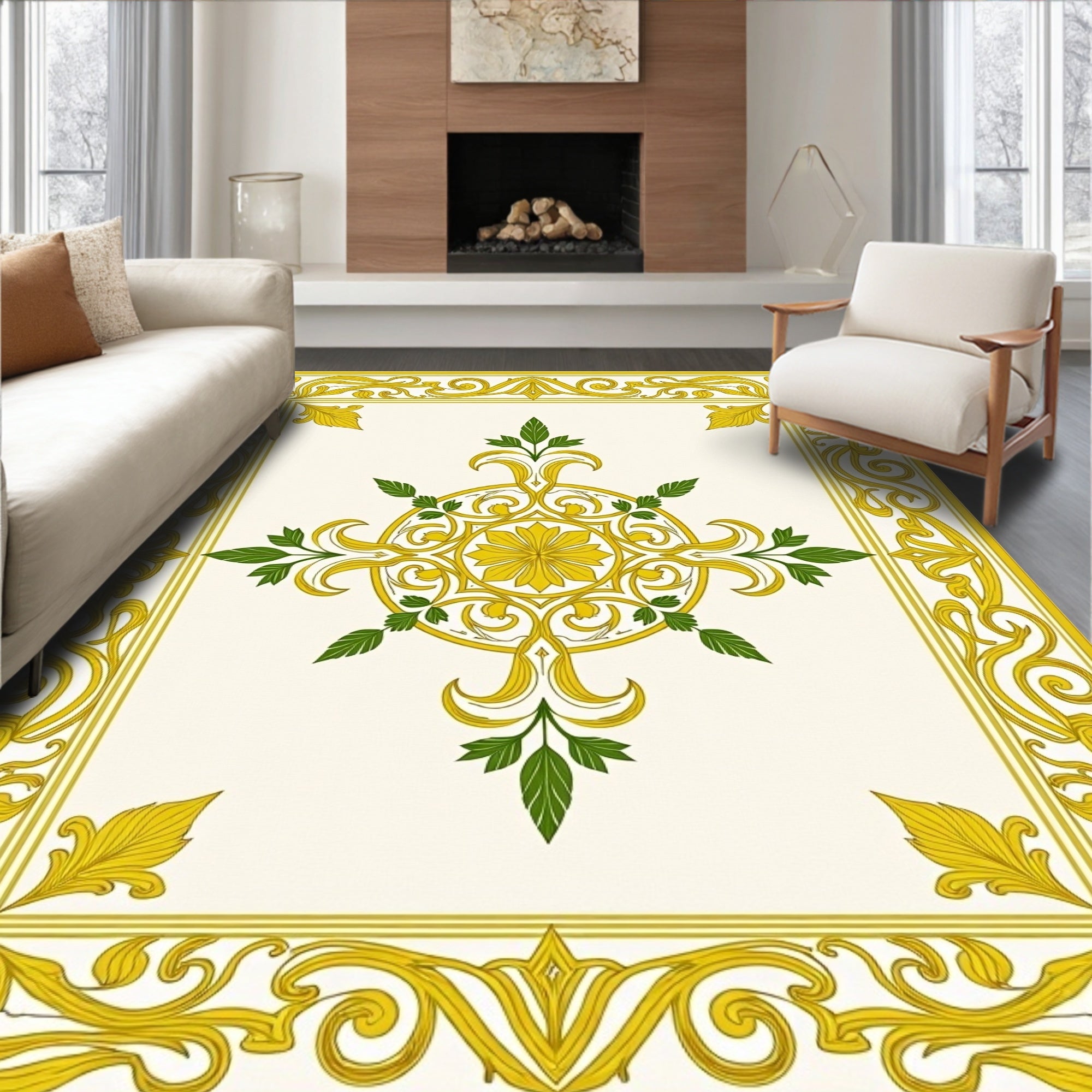 Ornate Yellow Golden Floral Medallion Border Rug