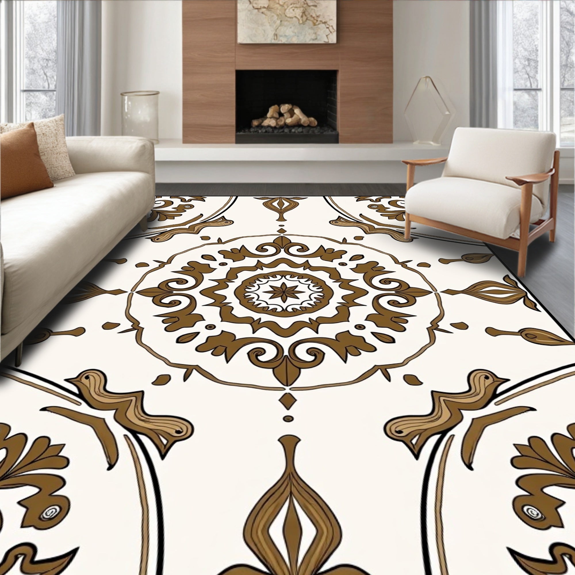 Cream and Brown Medallion Floral Rug