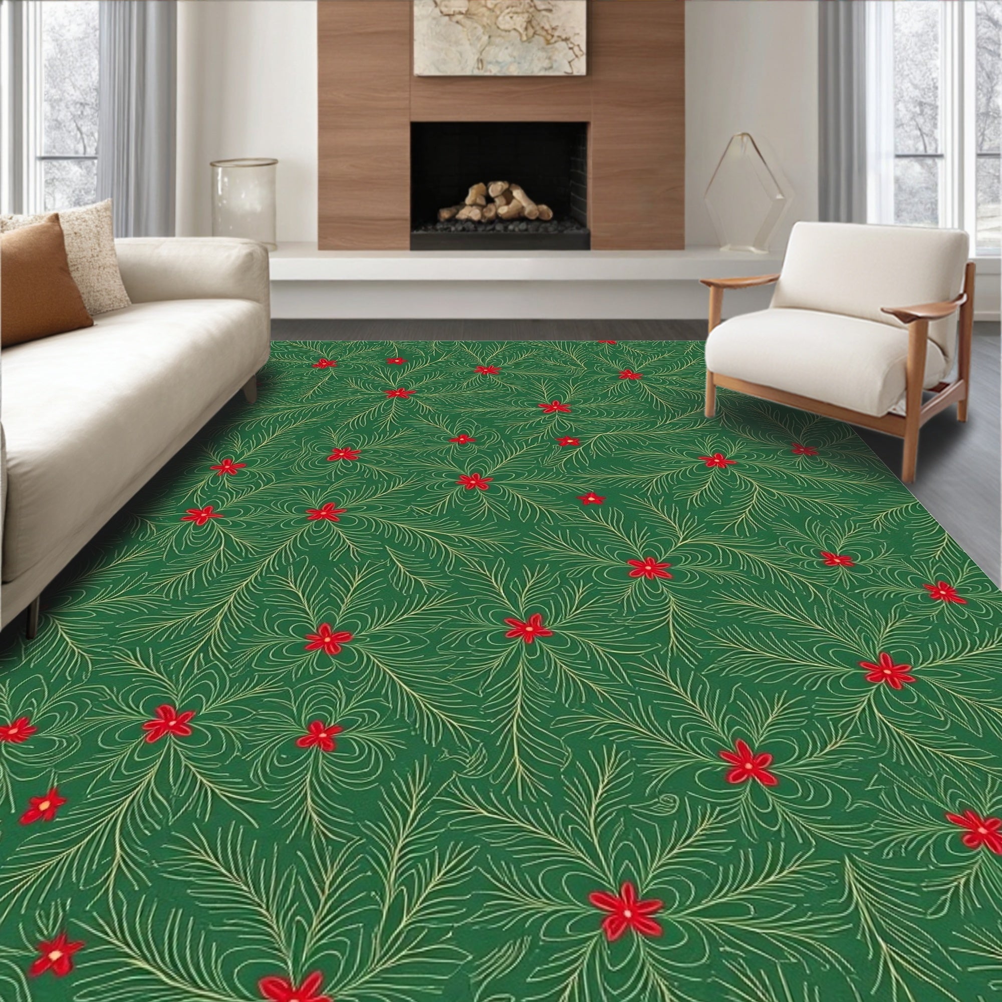 Emerald Green Red Starflower Filigree Rug