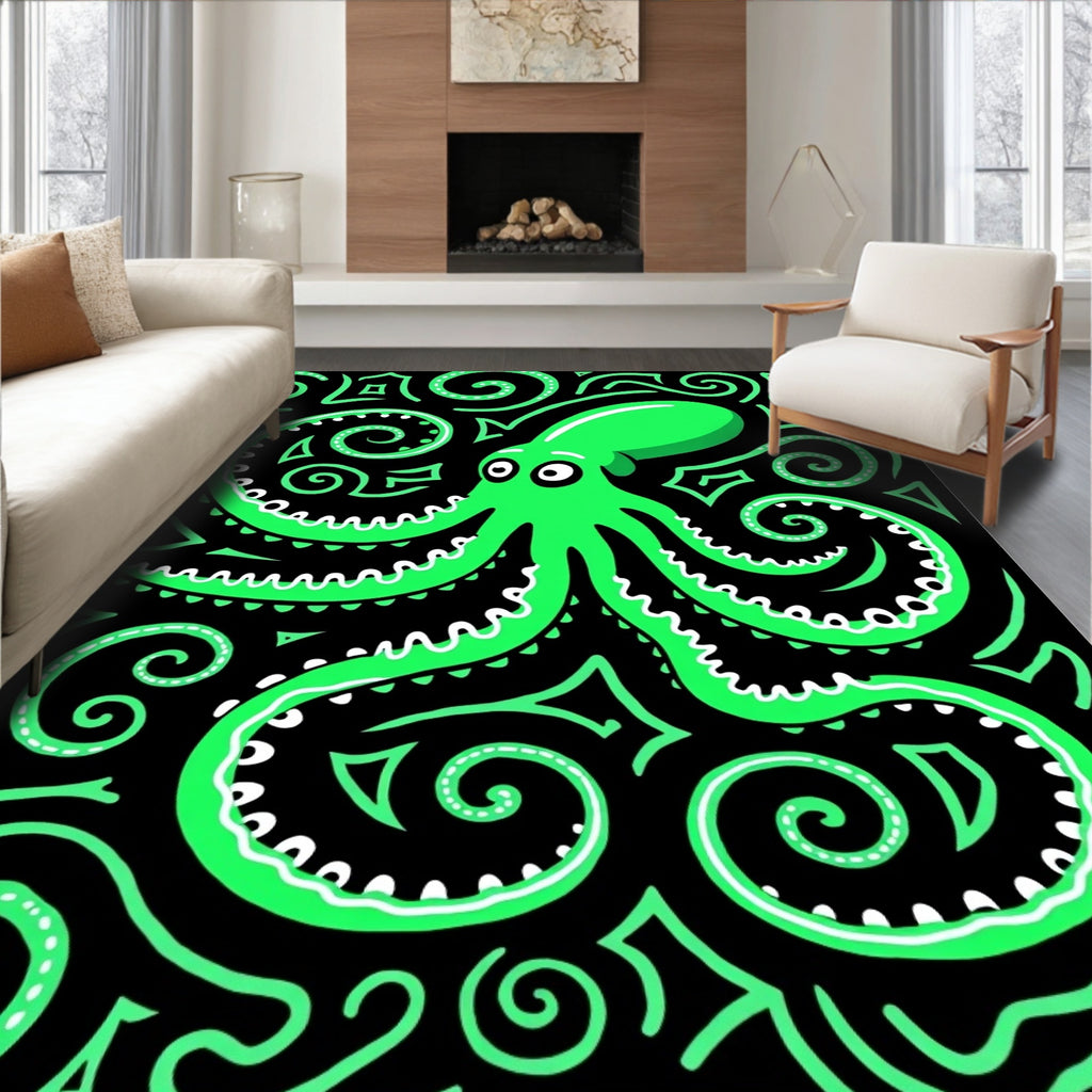 Vibrant Emerald Octopus Swirls Rug