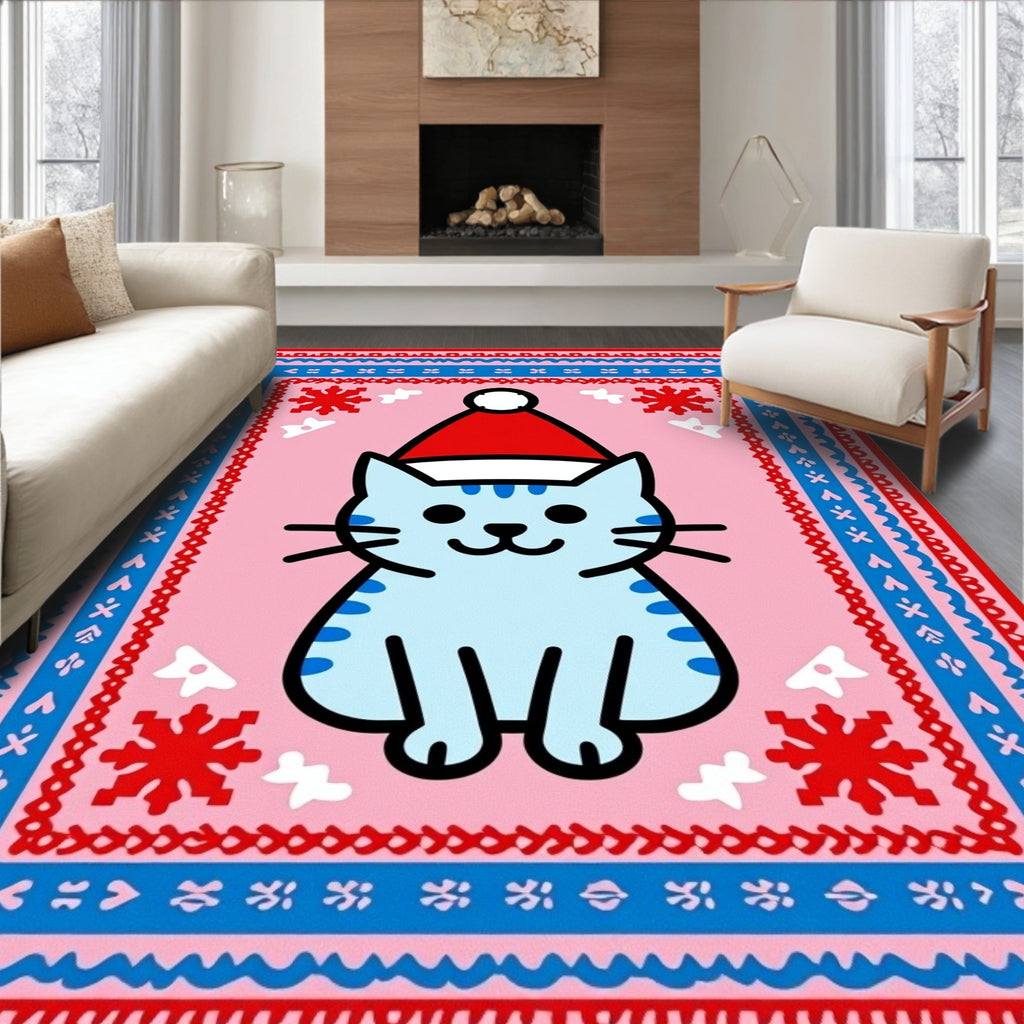 Cute Light Blue Cat Snowflake Hat Rug