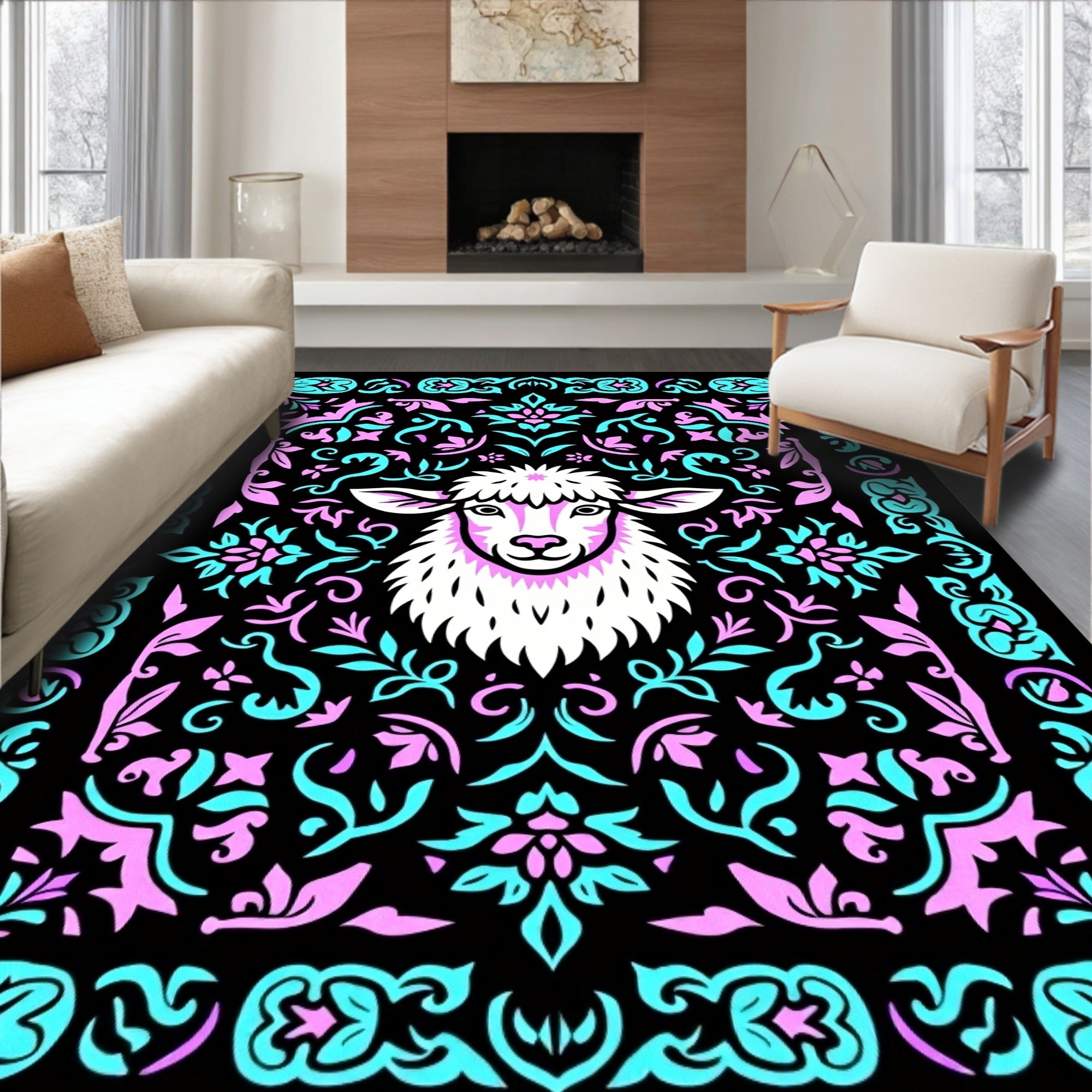 Whimsical Sheep Pink Teal Floral Border Rug