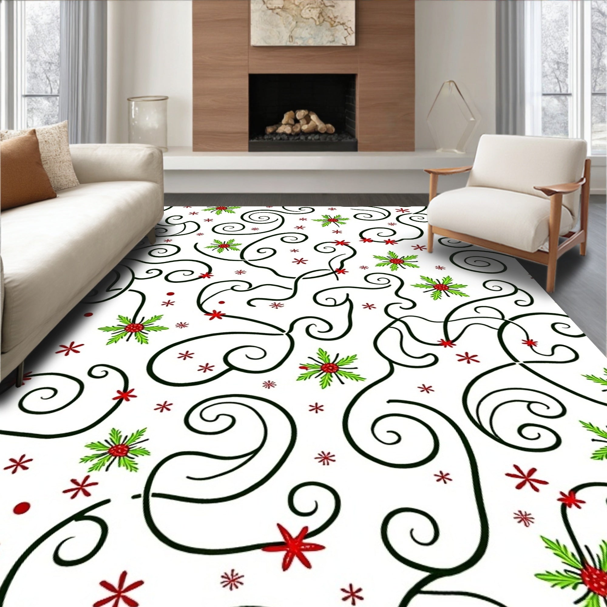 Crimson Holly Swirl Starburst Design Rug