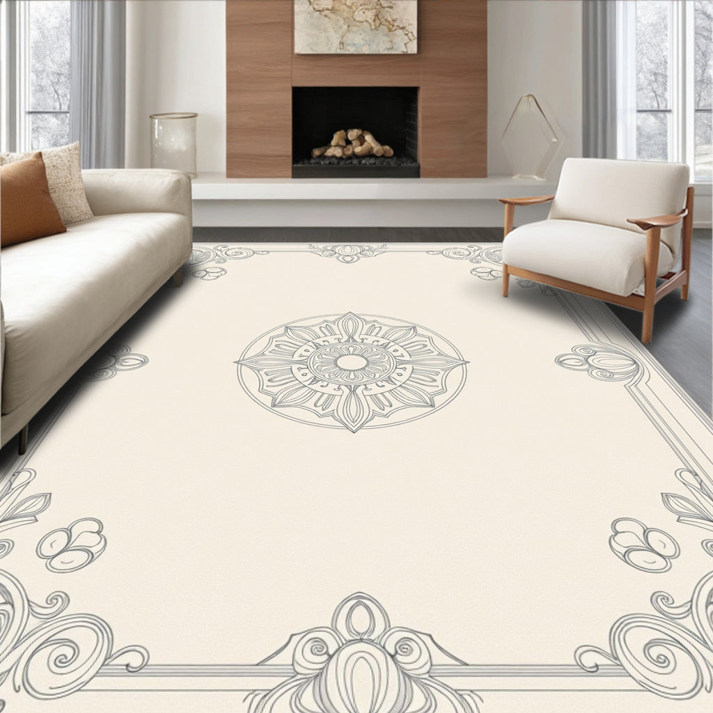Ornate Beige Floral Mandala Frame Rug
