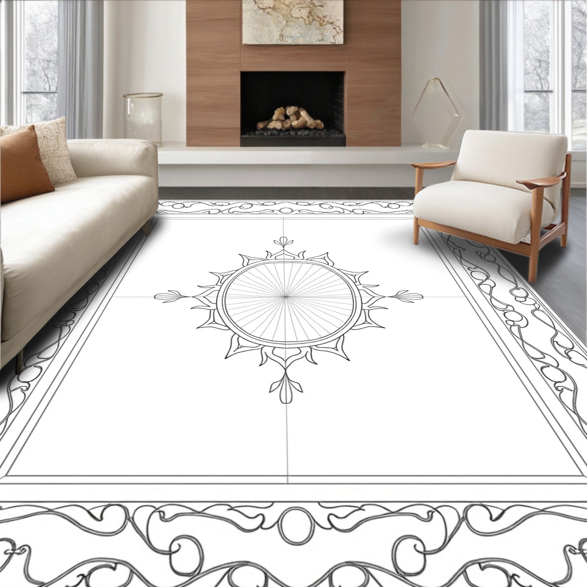 Ornate Sunburst Scroll Border Rug