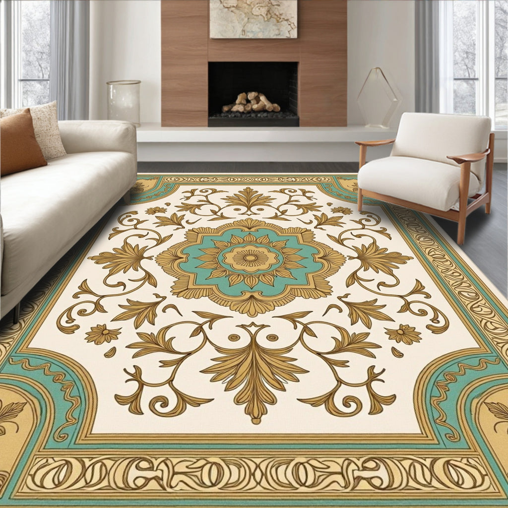 Gold Teal Floral Medallion Frame Rug