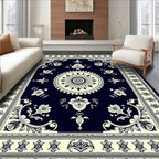 Dark Navy Cream Floral Medallion Border Rug