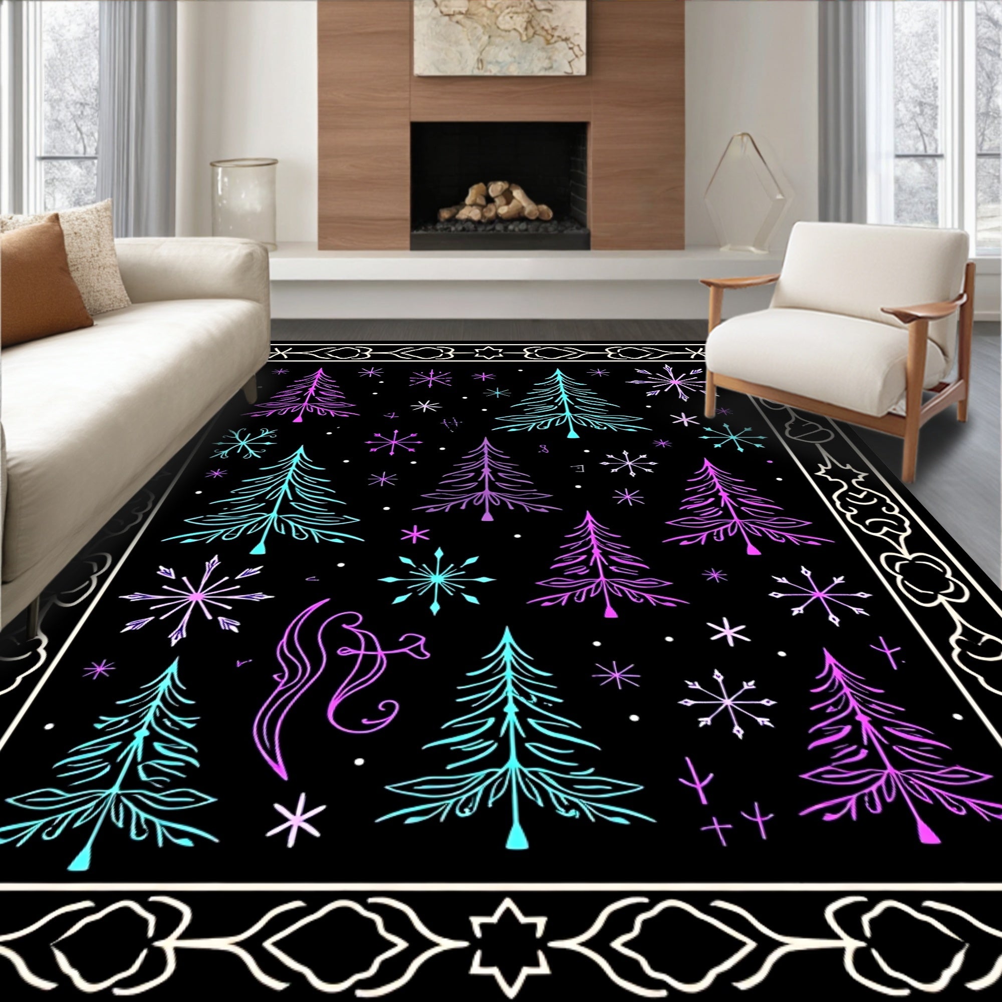 Winter Wonderland Tree Snowflake Border Rug