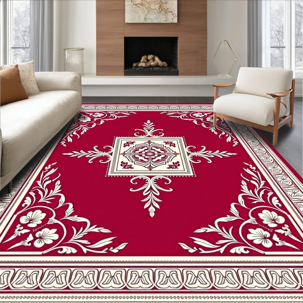 Crimson and Cream Floral Square Medallion Rug