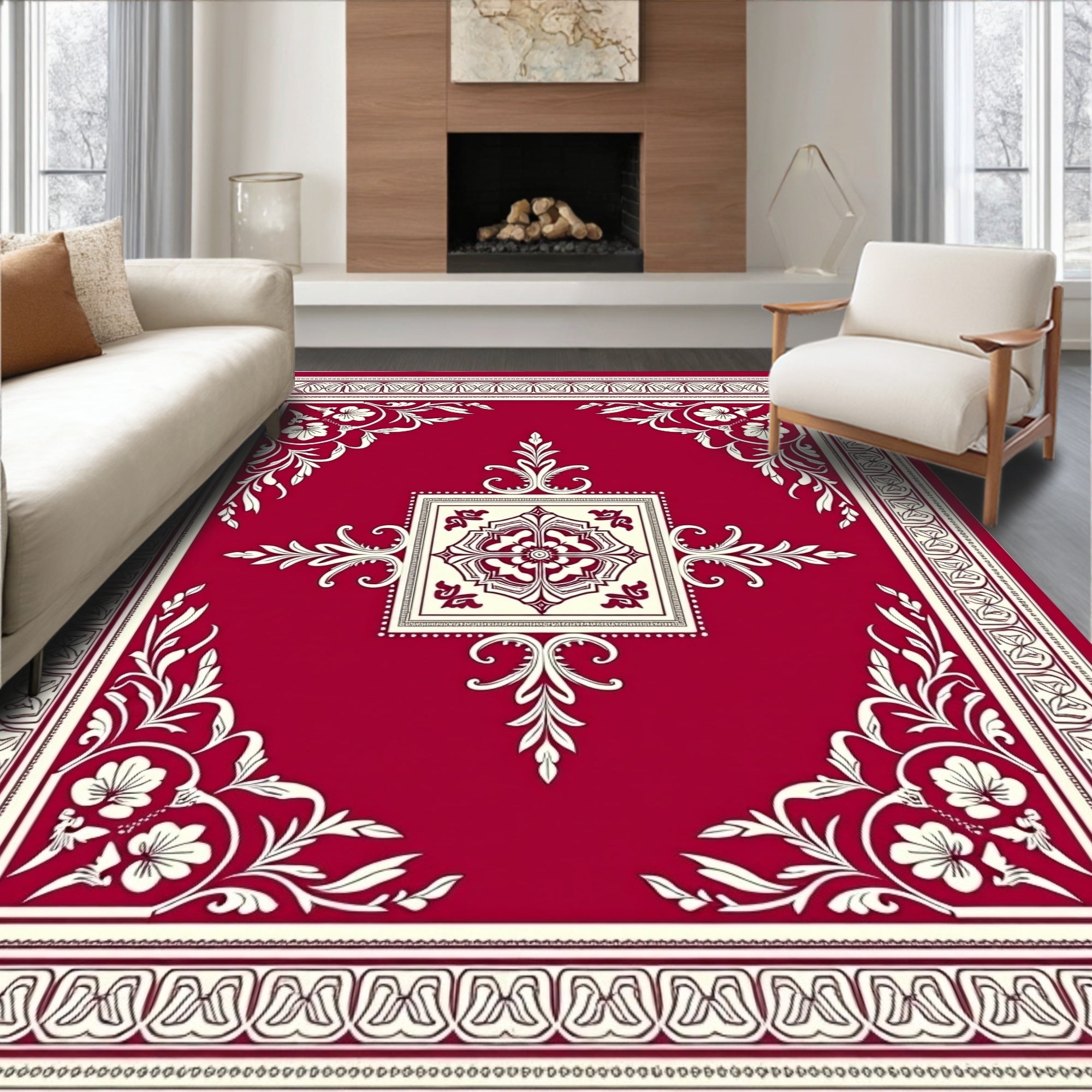 Crimson and Cream Floral Square Medallion Rug