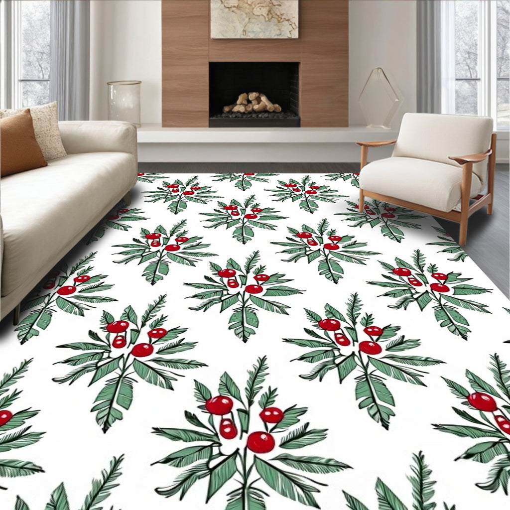 Red Berry Green Leaf Arrangement Rug
