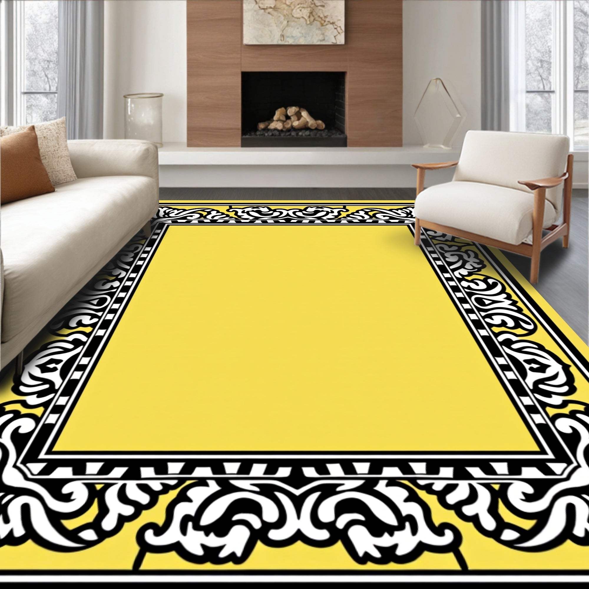 Yellow Black White Ornate Border Rug