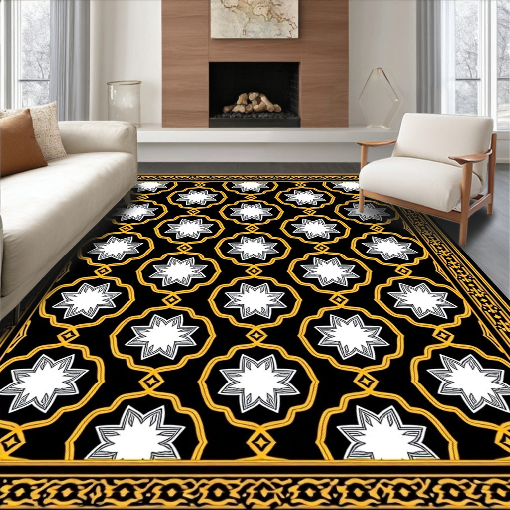 Black White Gold Starburst Medallion Rug