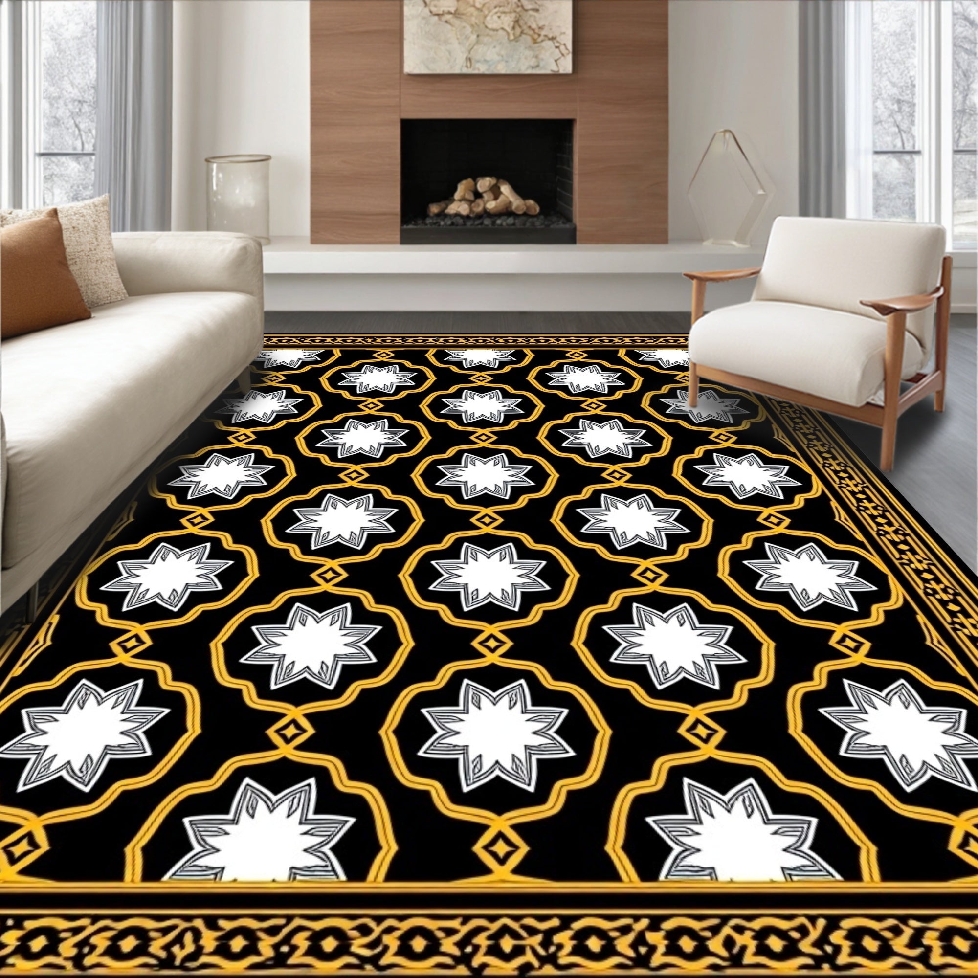 Black White Gold Starburst Medallion Rug