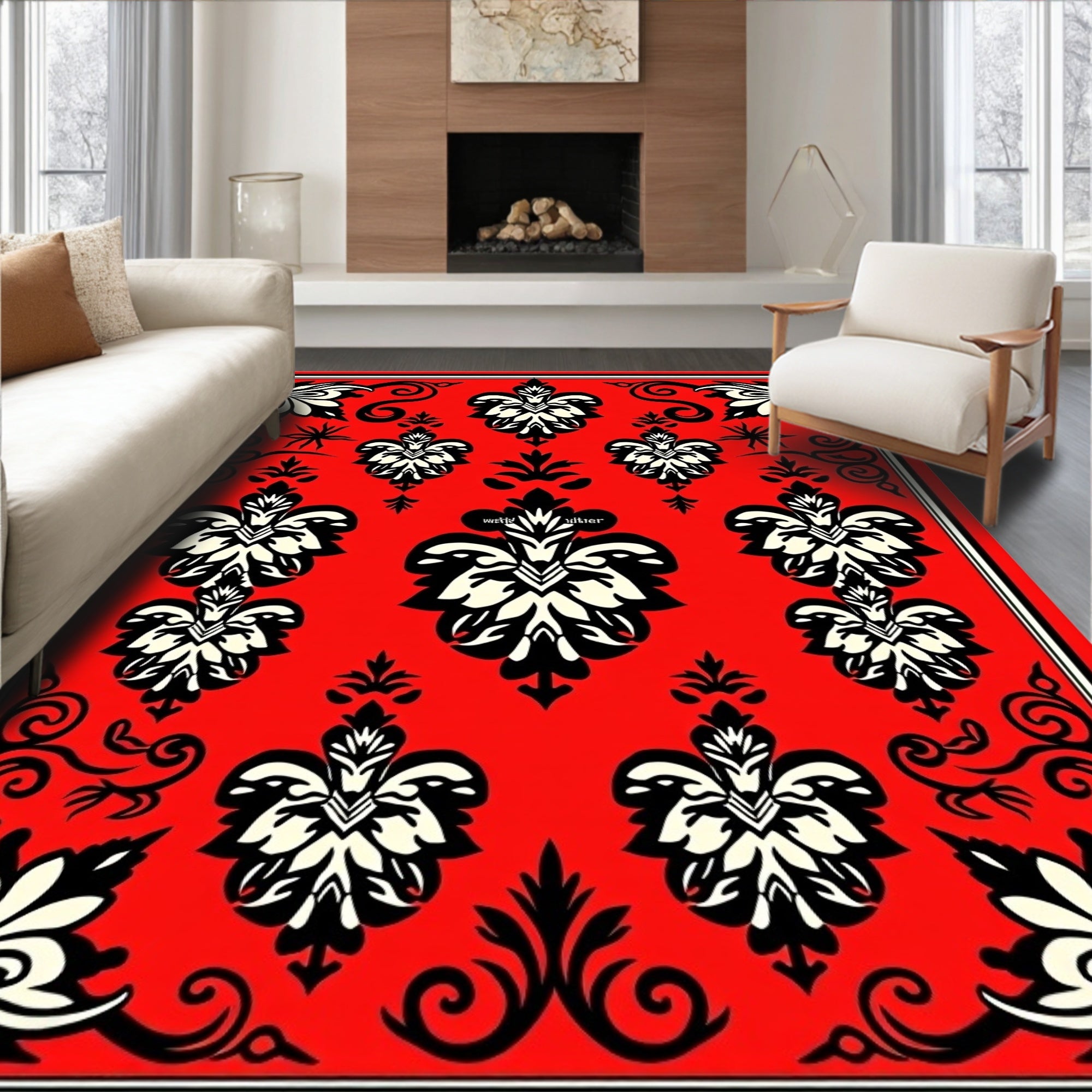 Crimson Black White Floral Scrollwork Rug
