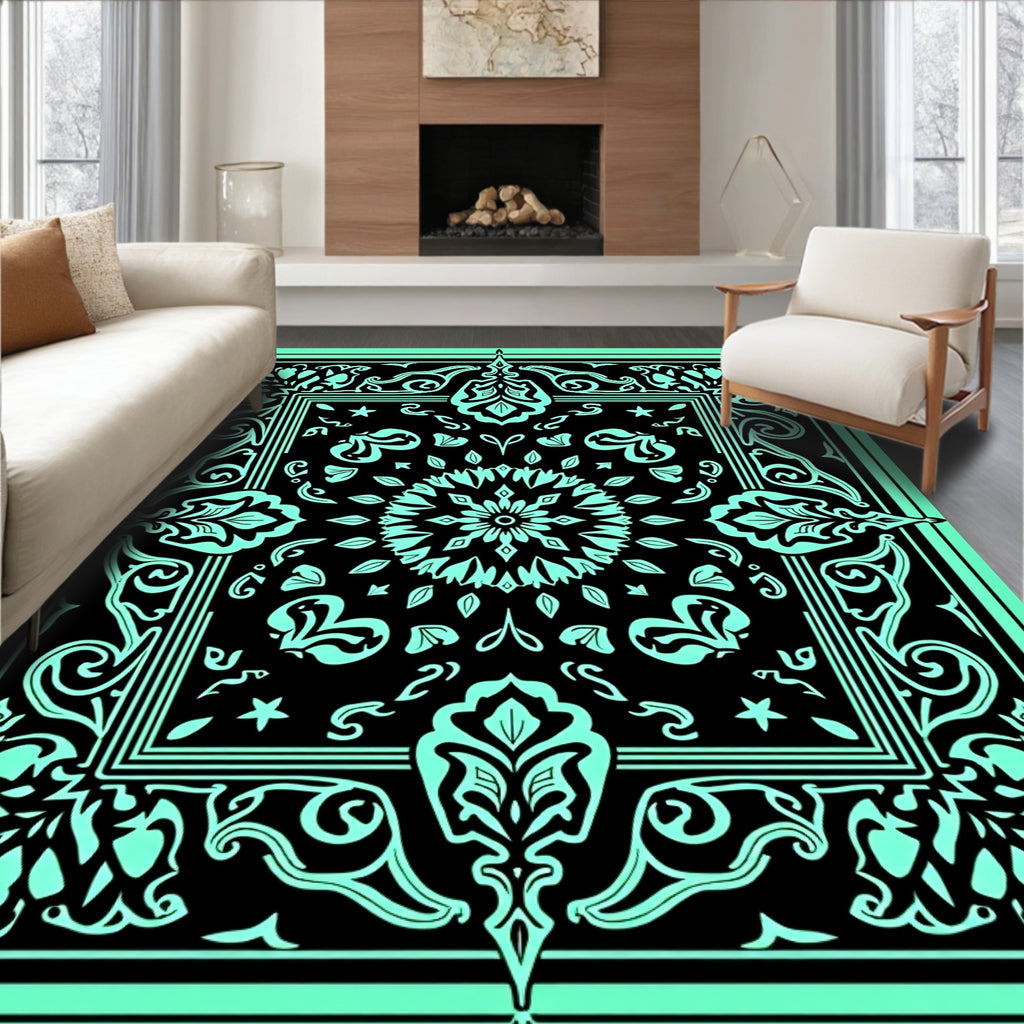 Aqua Black Ornate Floral Medallion Rug