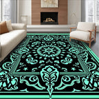 Aqua Black Ornate Floral Medallion Rug