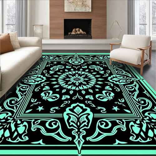 Aqua Black Ornate Floral Medallion Rug