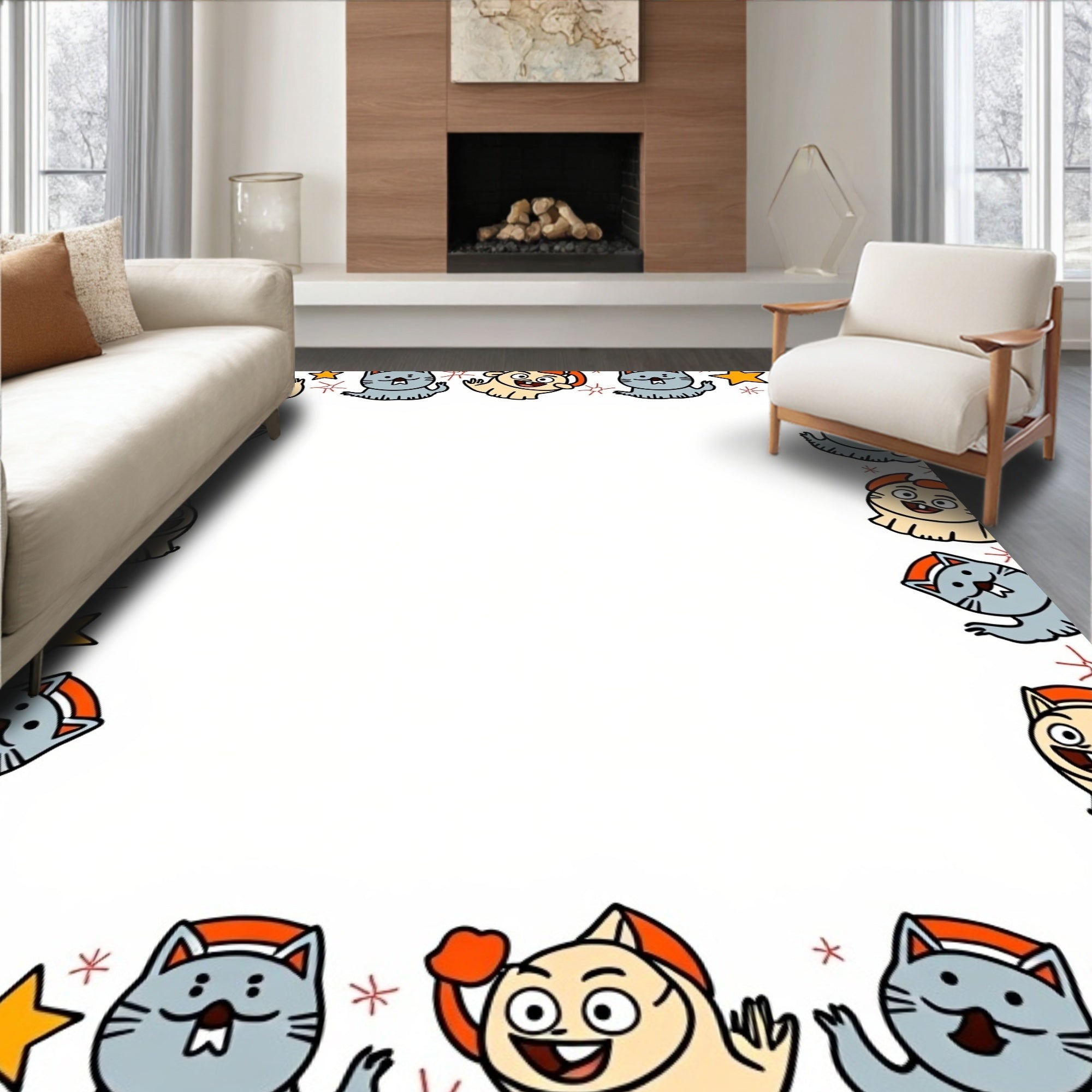 Whimsical Cat Yellow Blue Stars Border Rug