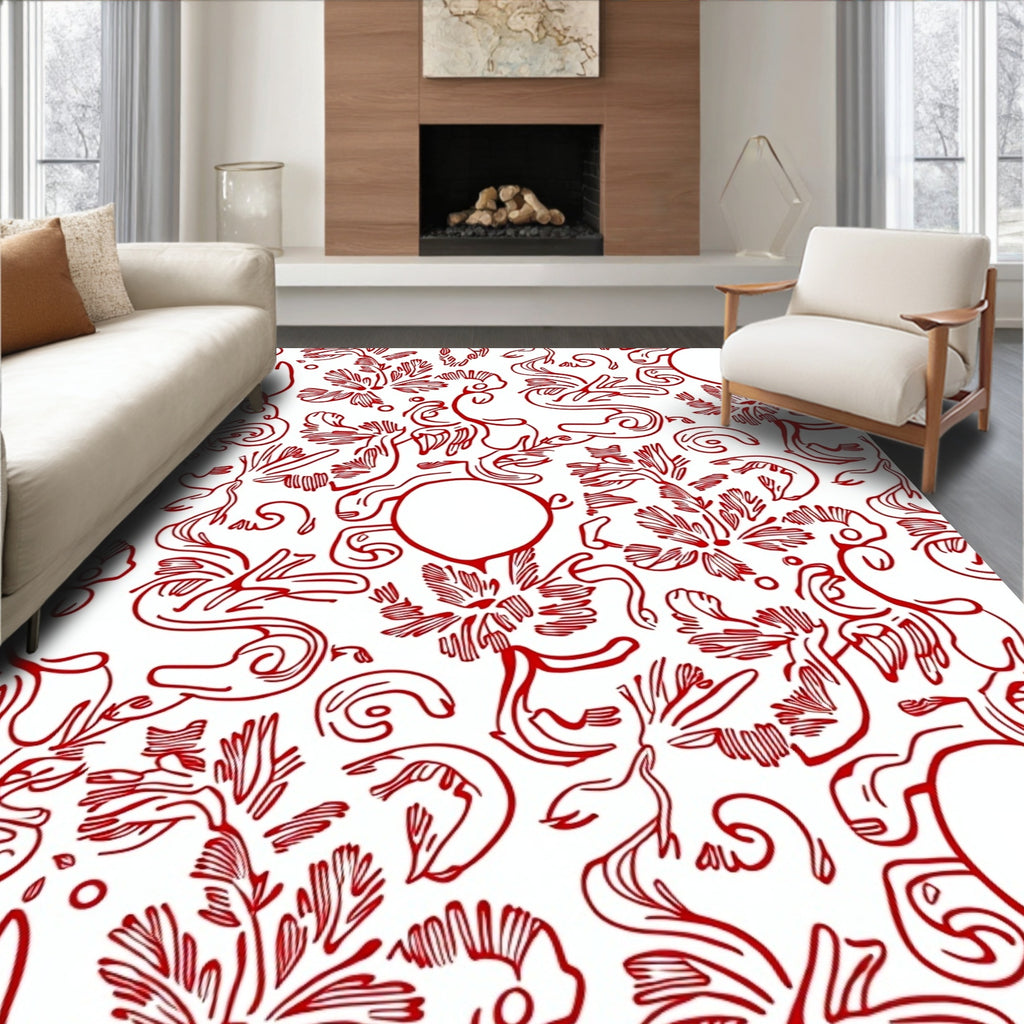 Red Floral Scrollwork Vine Rug
