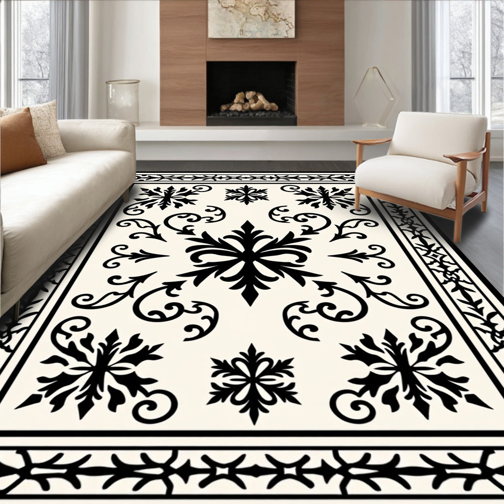 Ornate Black Floral Scrollwork Medallion Rug