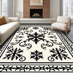 Ornate Black Floral Scrollwork Medallion Rug