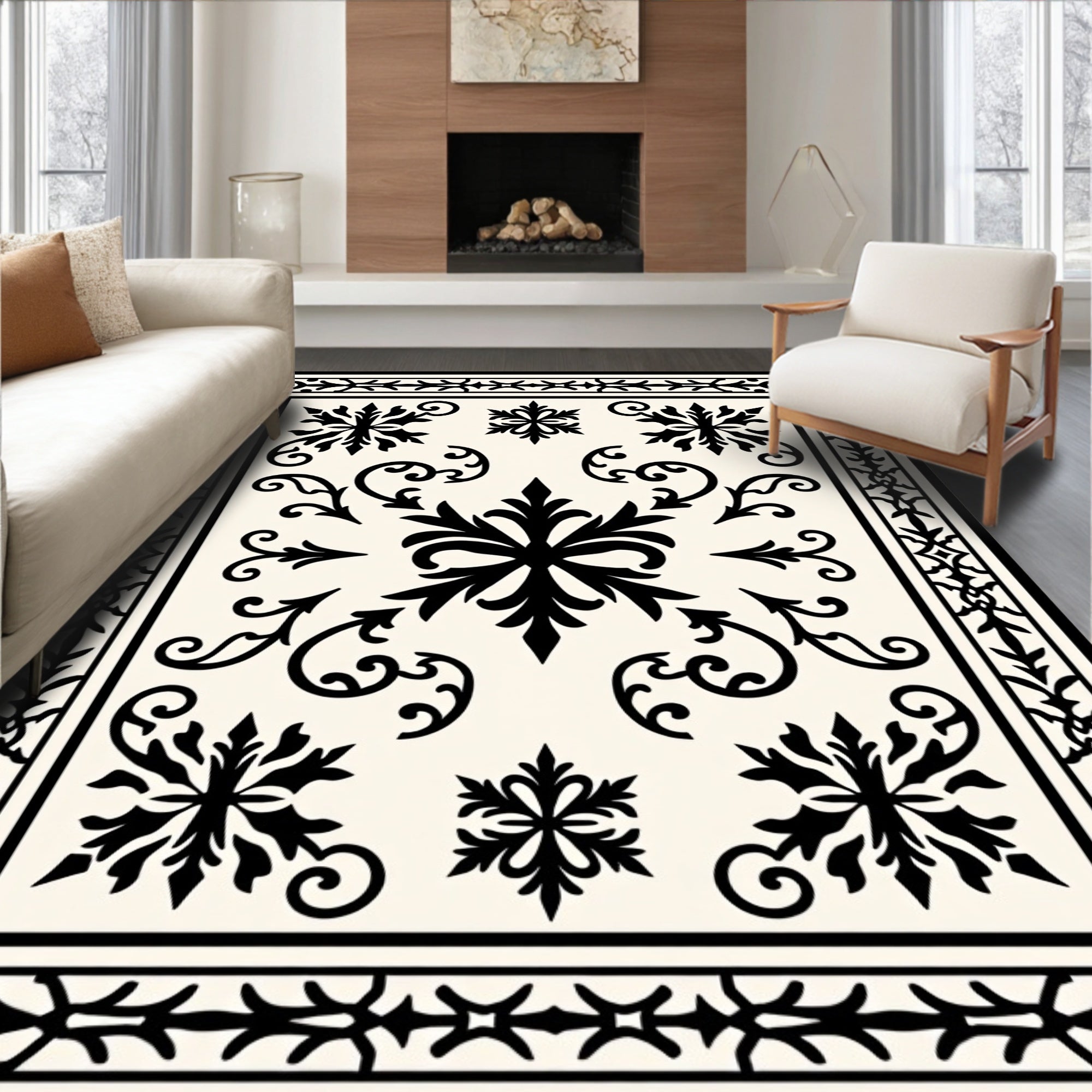 Ornate Black Floral Scrollwork Medallion Rug