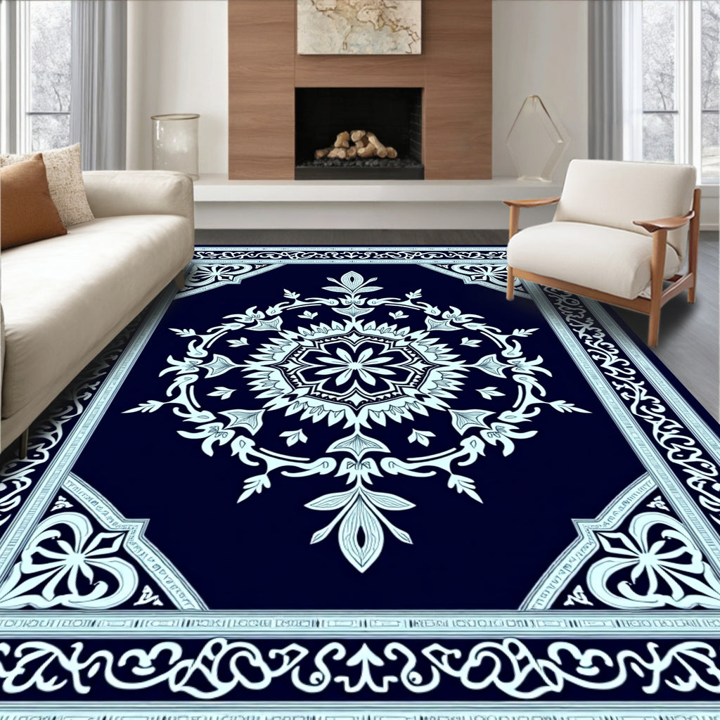 Dark Blue White Floral Medallion Border Rug