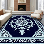 Dark Blue White Floral Medallion Border Rug