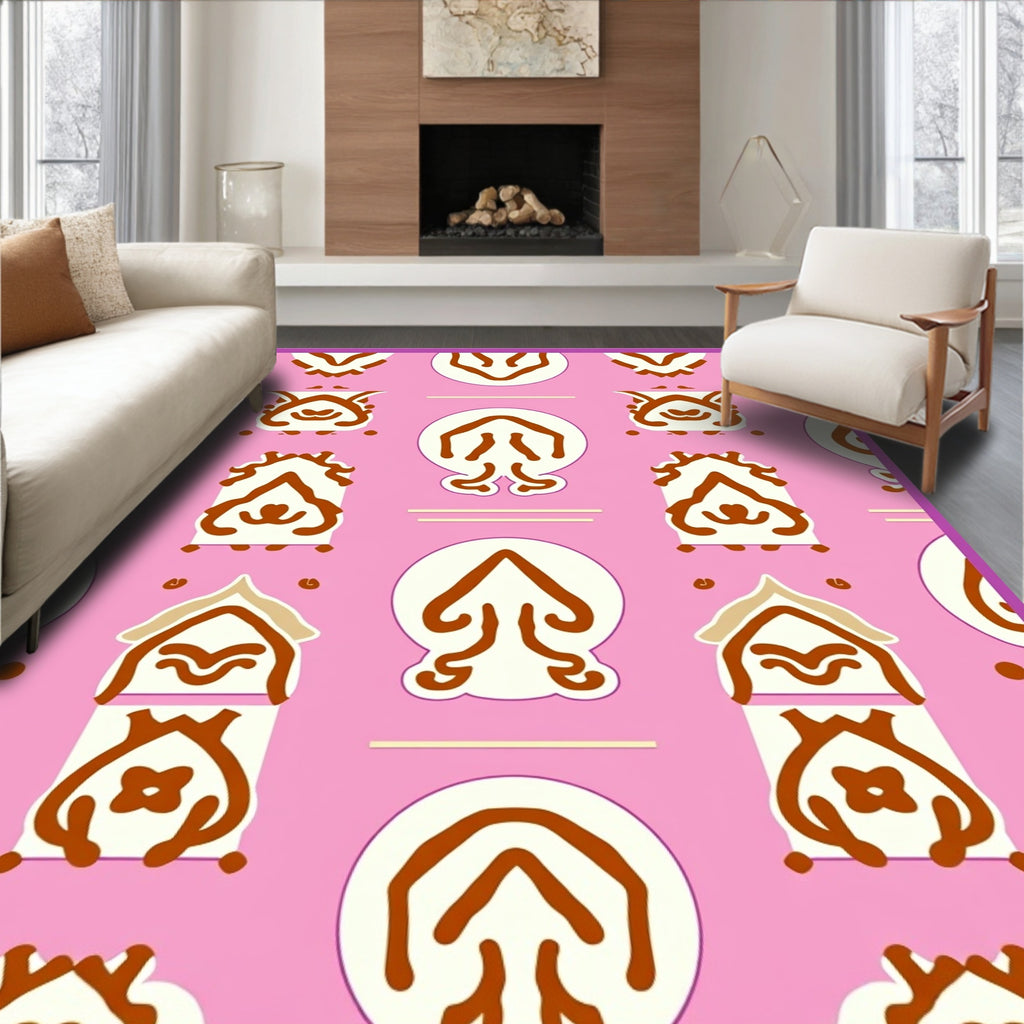 Pink Cream Brown Folk Art Figures Rug