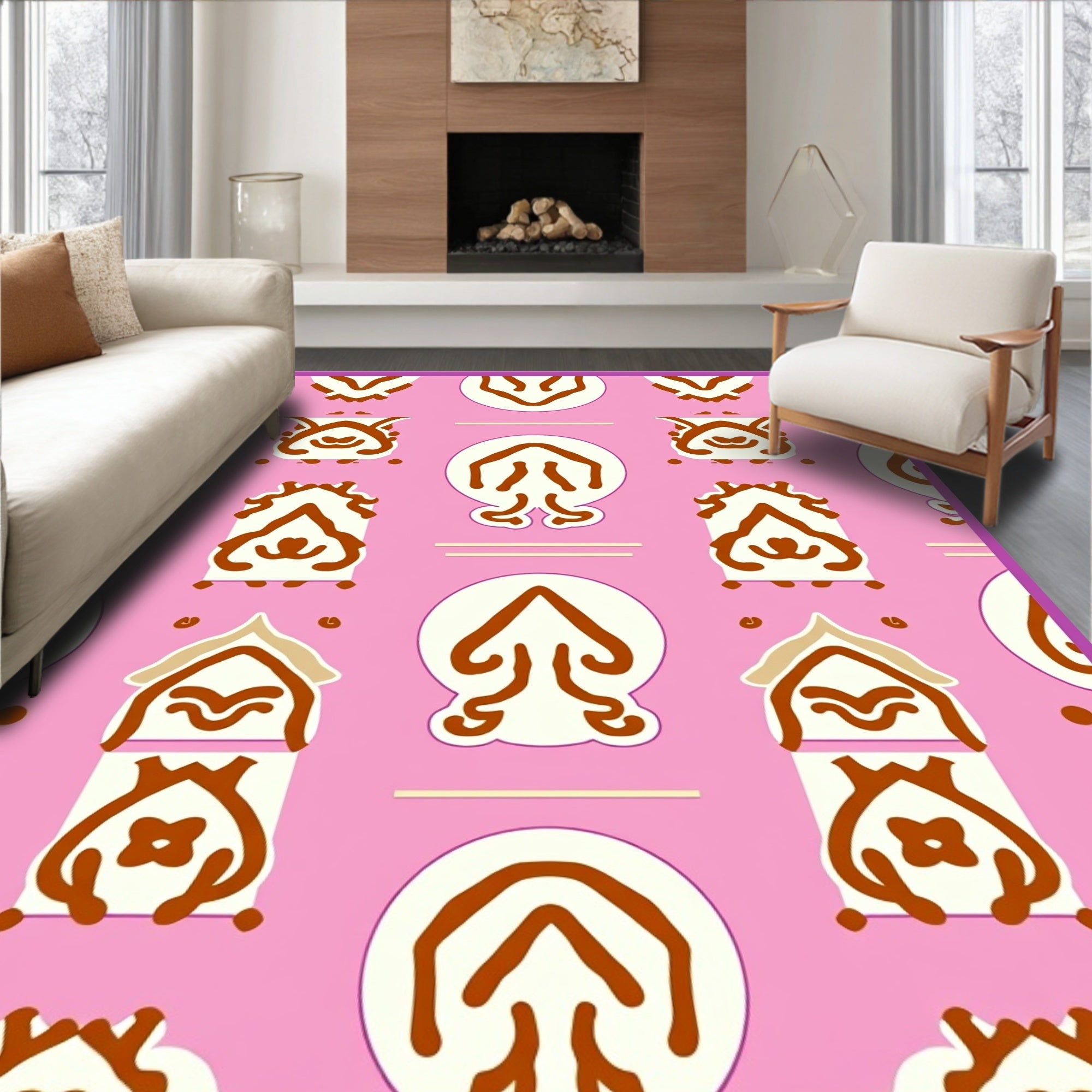 Pink Cream Brown Folk Art Figures Rug