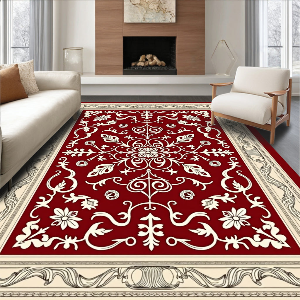 Crimson Floral Medallion Ivory Border Rug