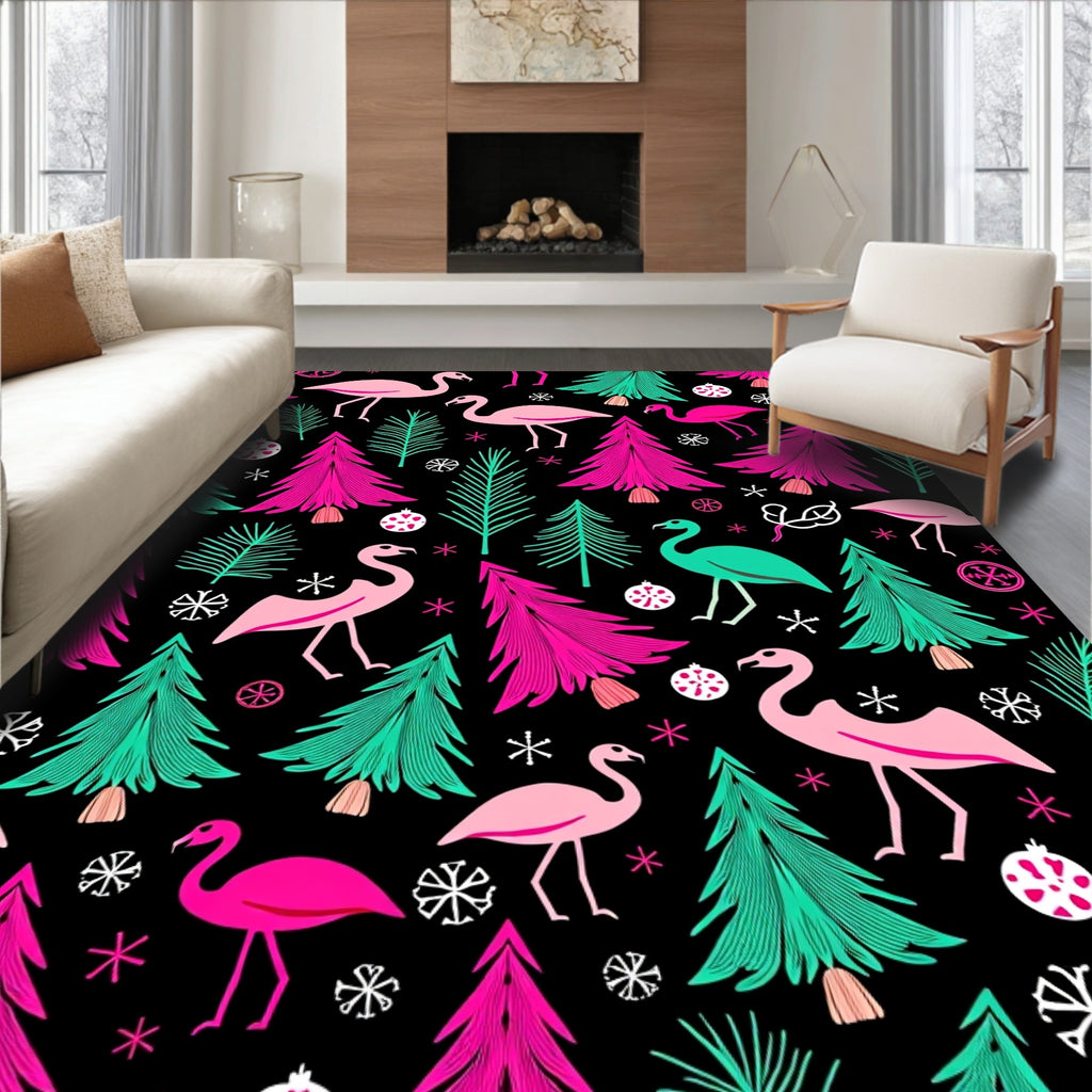 Pink Flamingo Festive Christmas Trees Rug