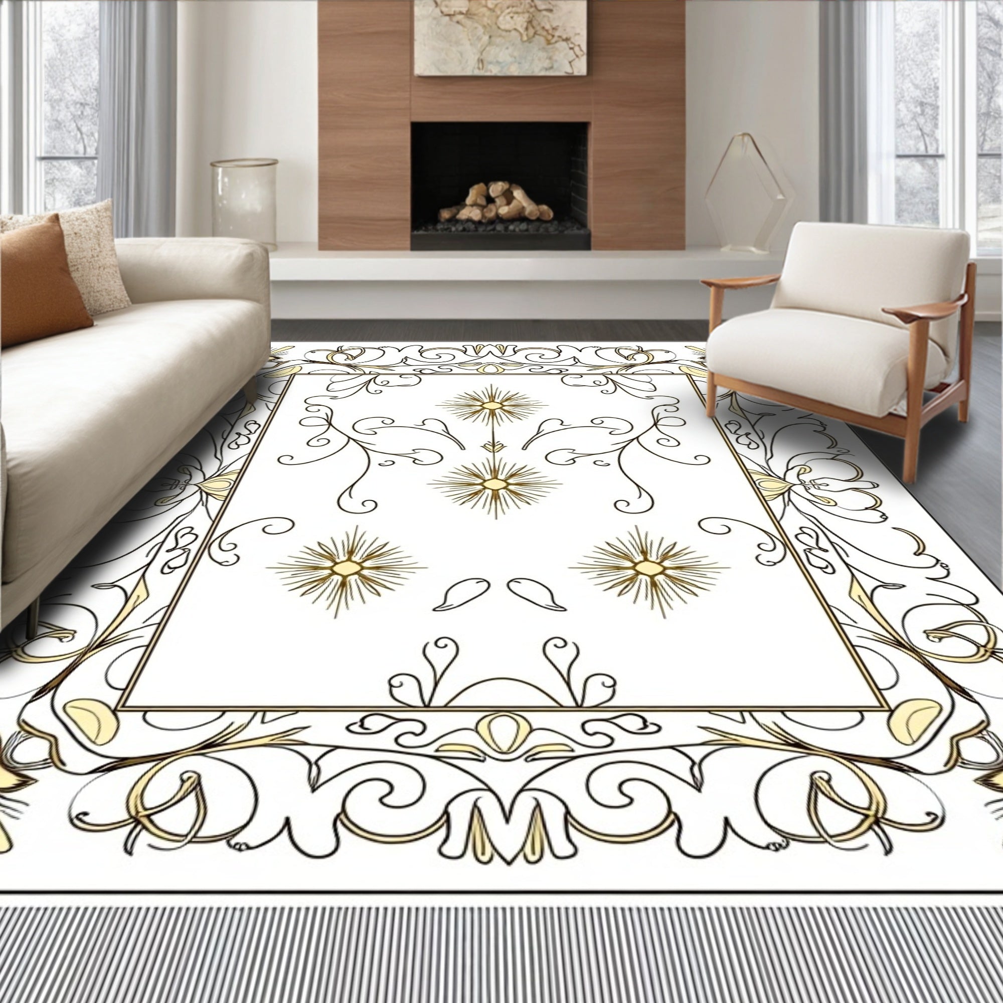 Golden Floral Scrollwork Medallion Border Rug