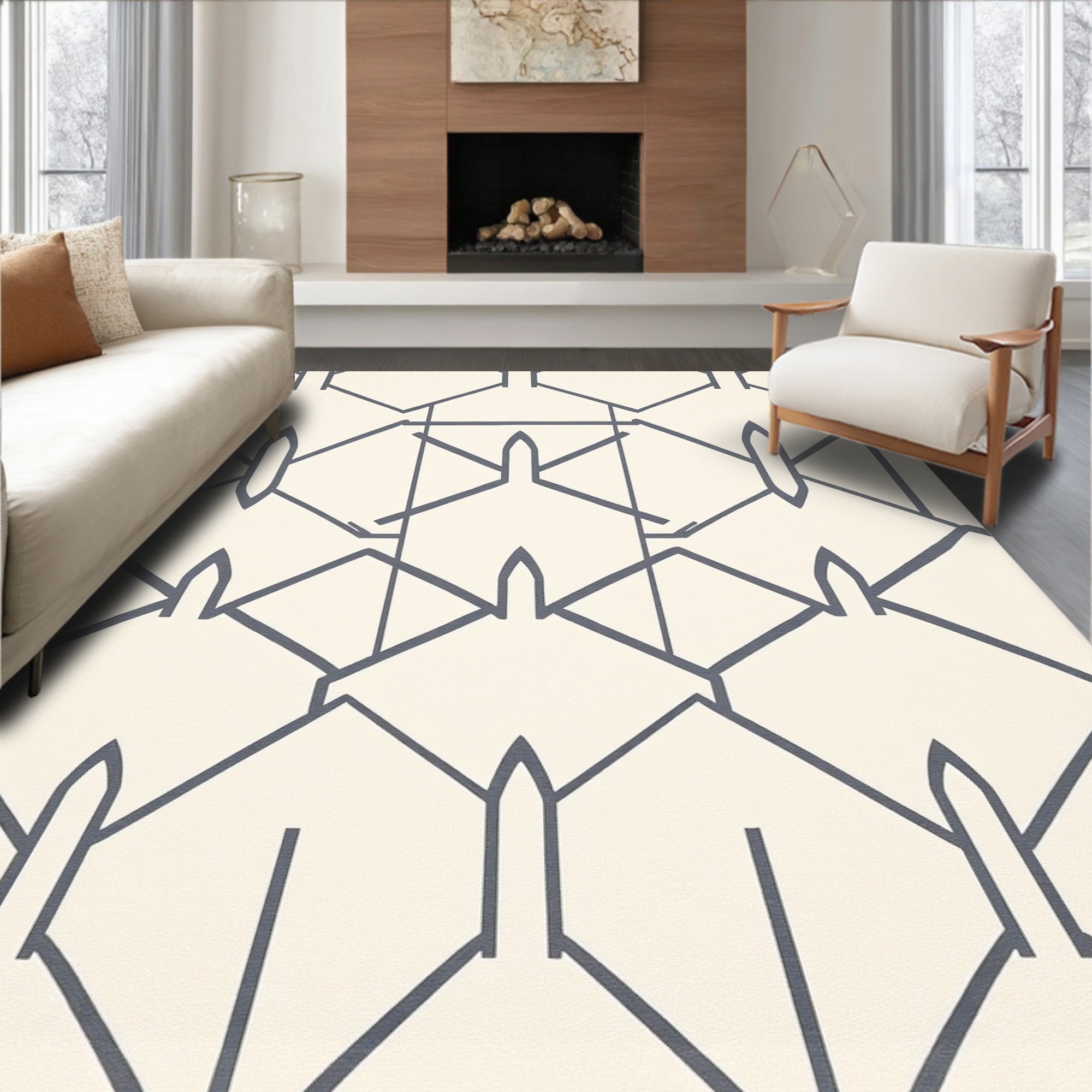 Cream Gray Linear Geometric Lattice Rug