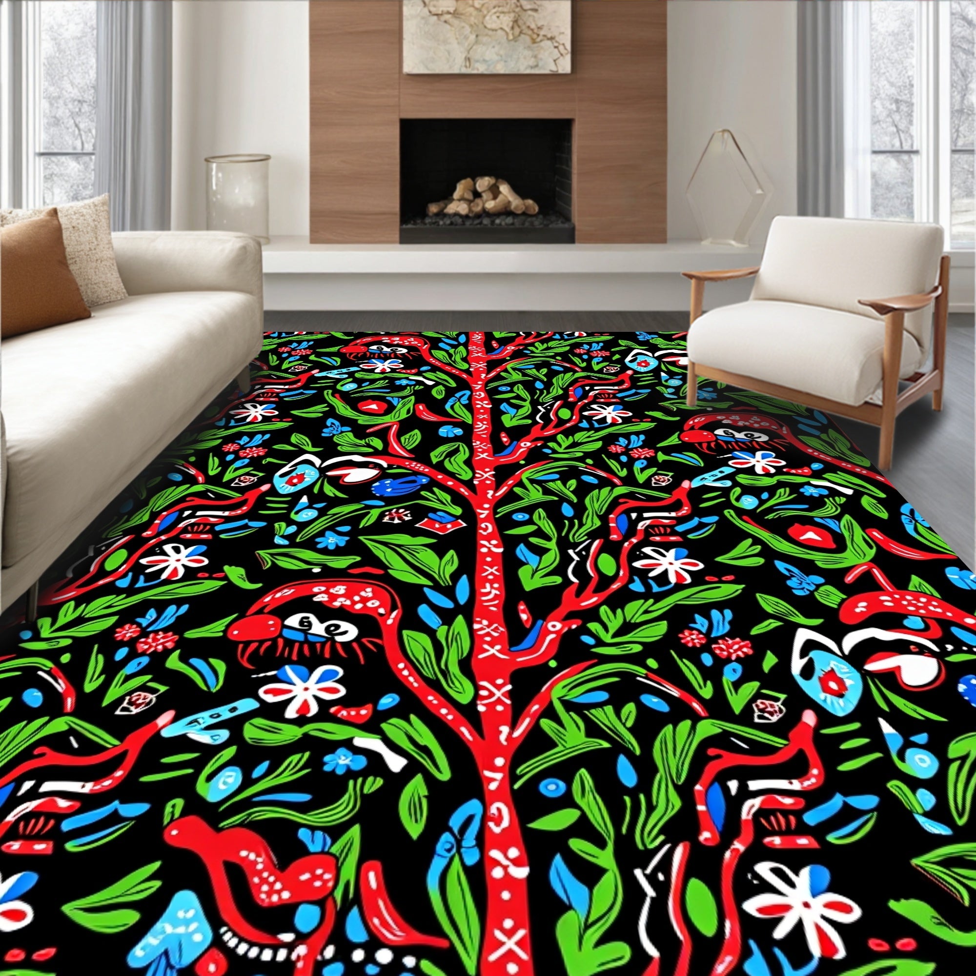 Whimsical Red Green Blue Folk Art Nature Rug