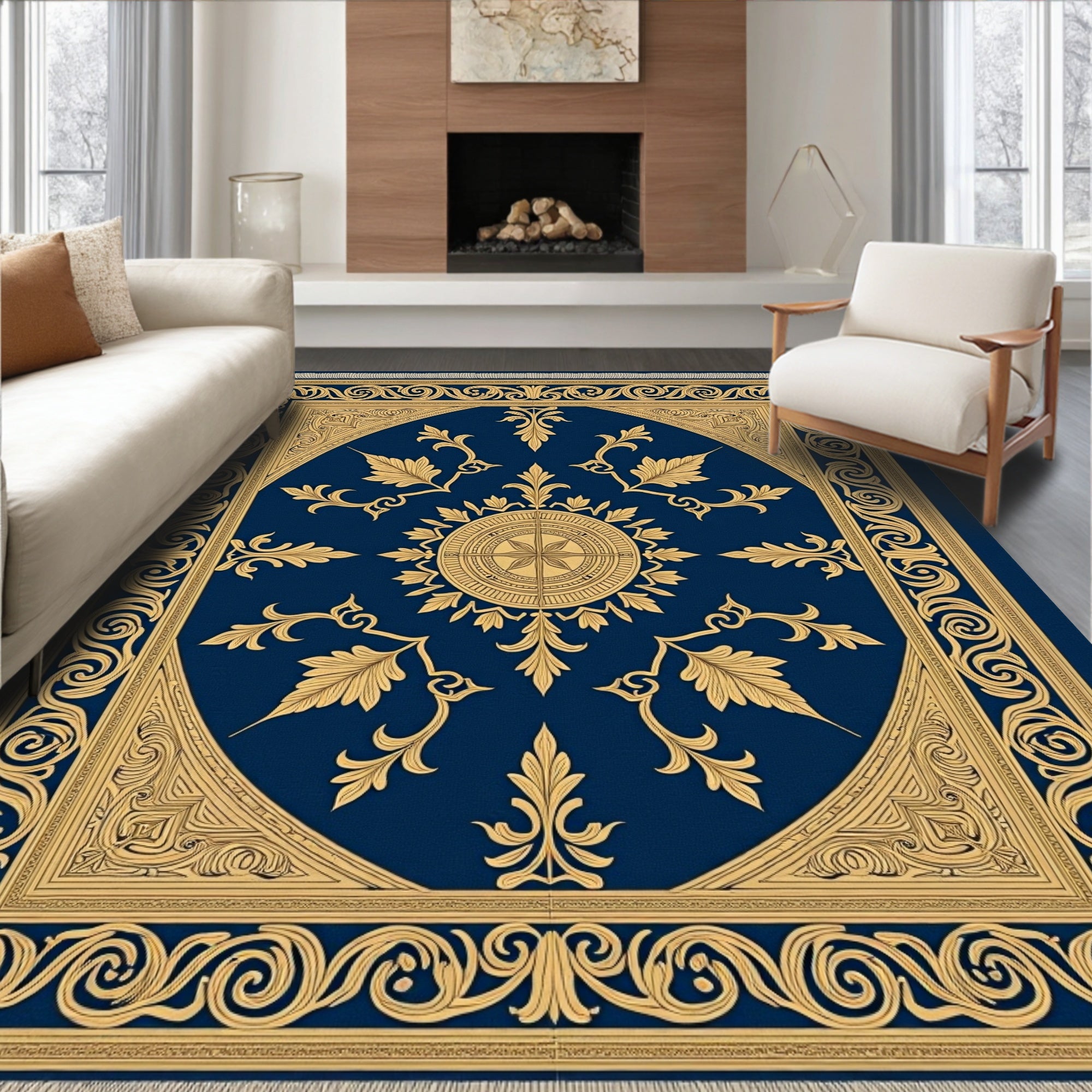 Ornate Gold Leaf Scrollwork Navy Rug