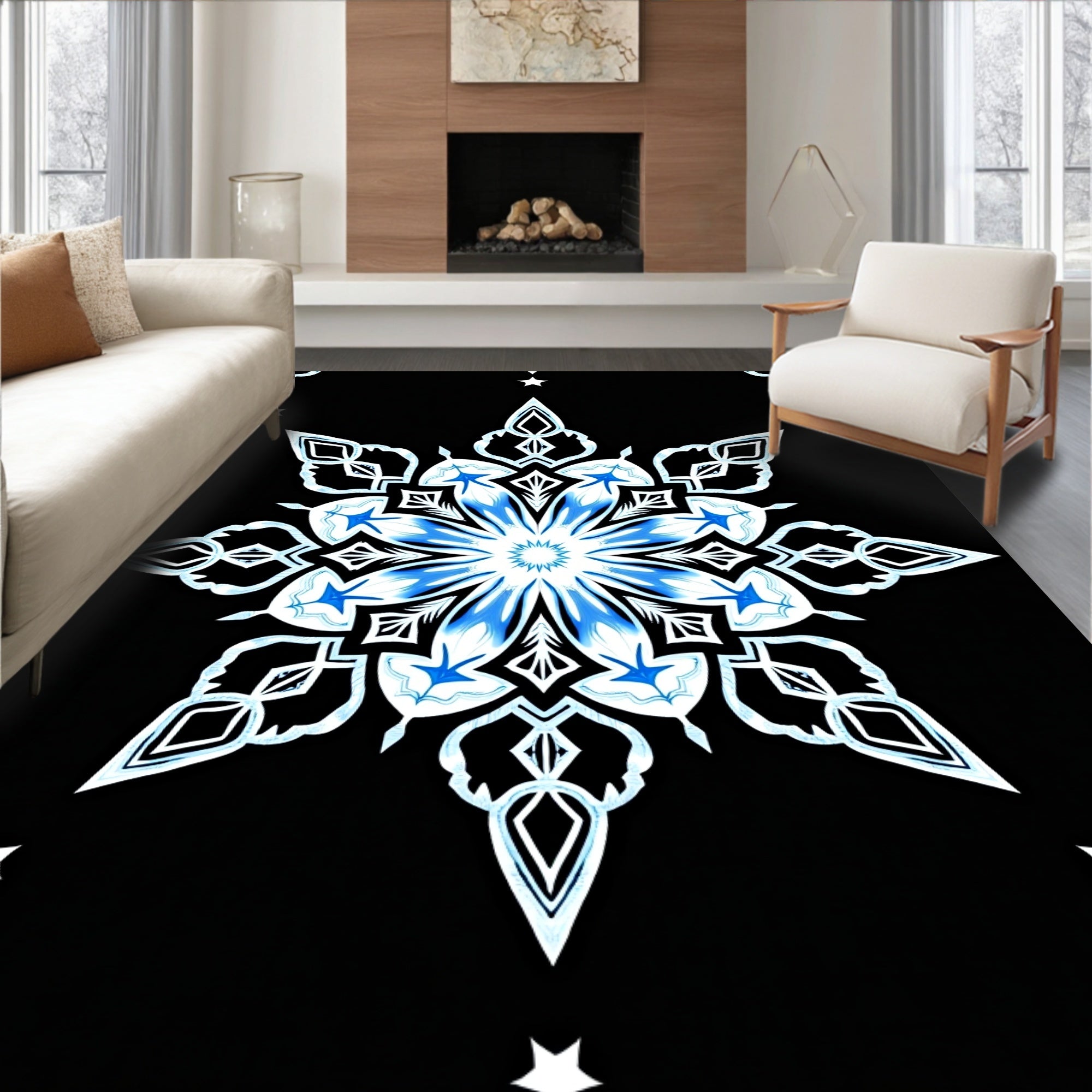 Ornate Blue Snowflake Mandala Rug