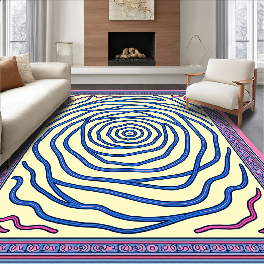 Whimsical Blue Swirl Pink Border Rug
