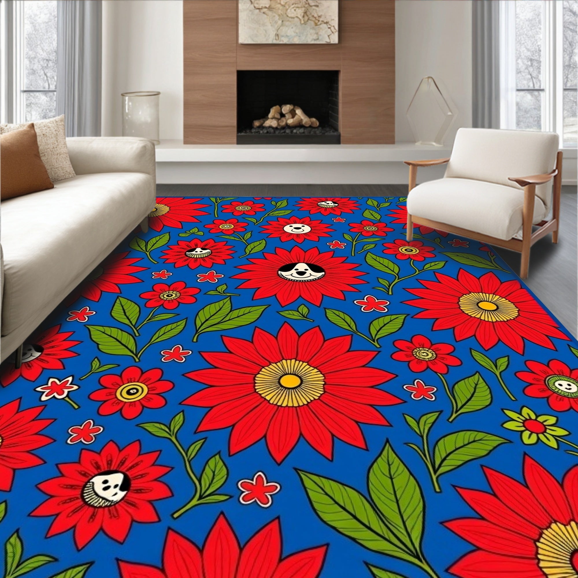 Red Floral Garden With Cute Dogs Rug