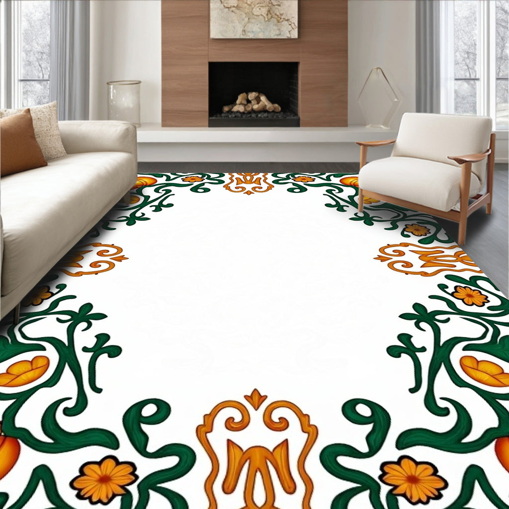 Golden Pumpkin Green Vine Floral Accent Rug