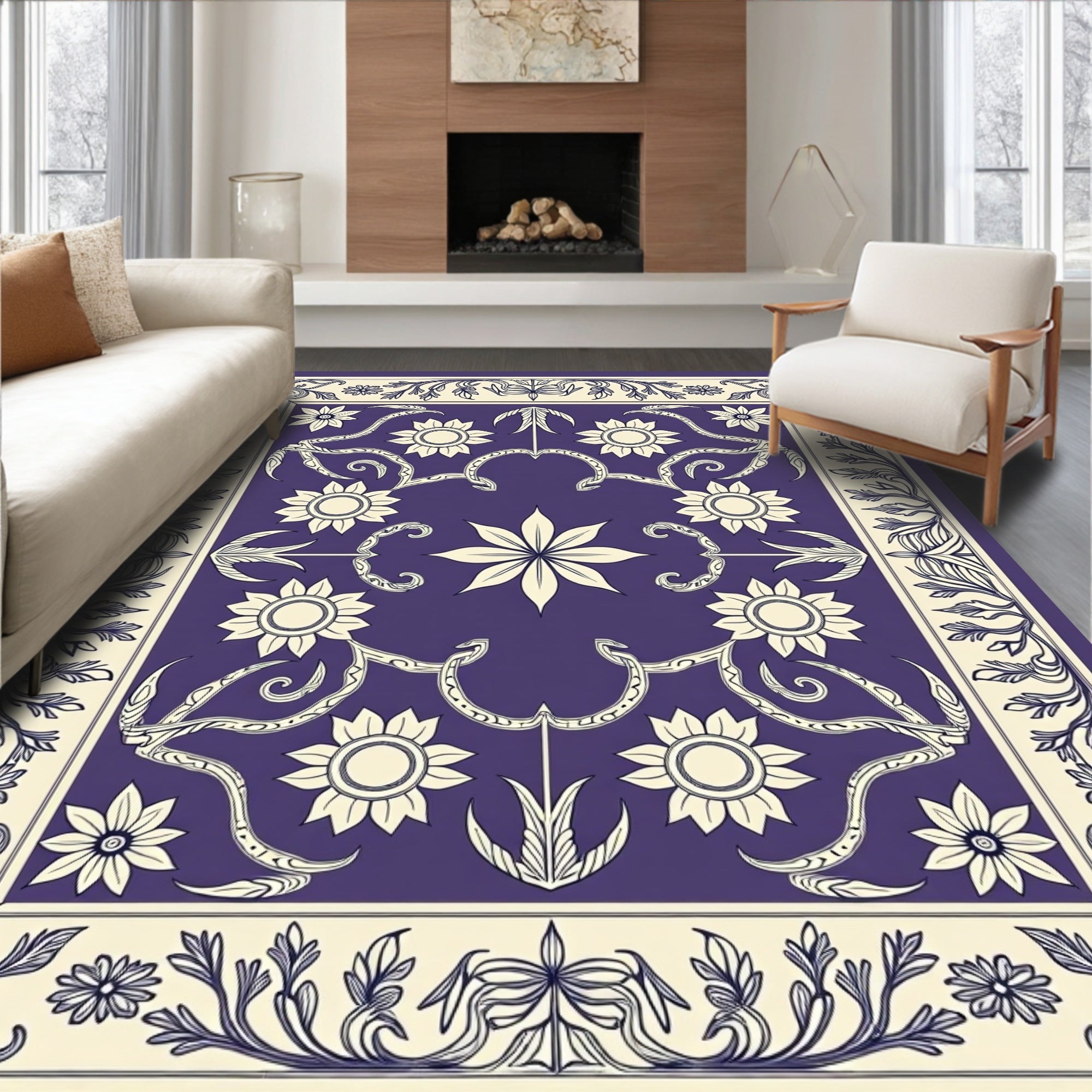 Ornate Indigo Floral Arrangement Rug