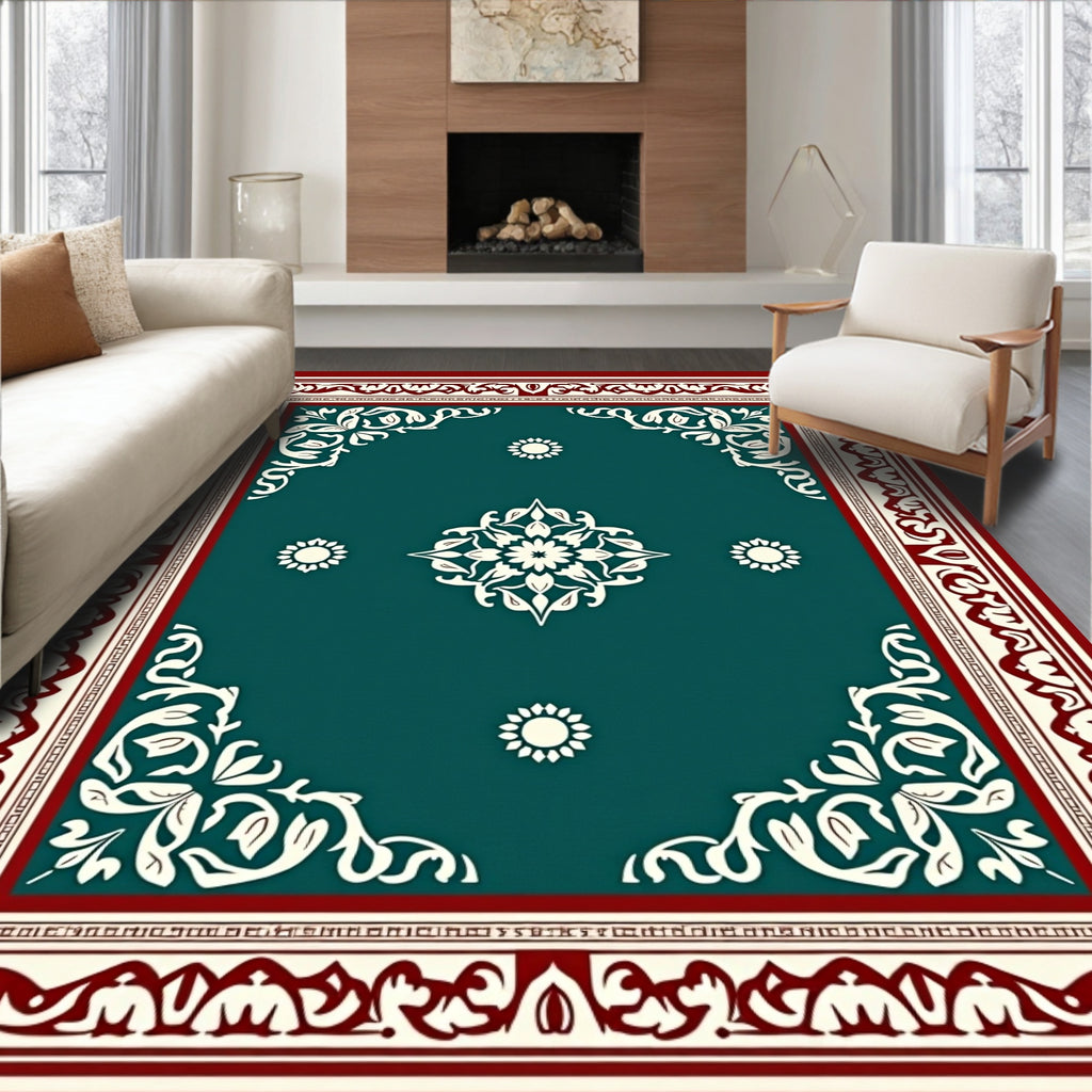 Teal Medallion Bordered Oriental Layout Rug