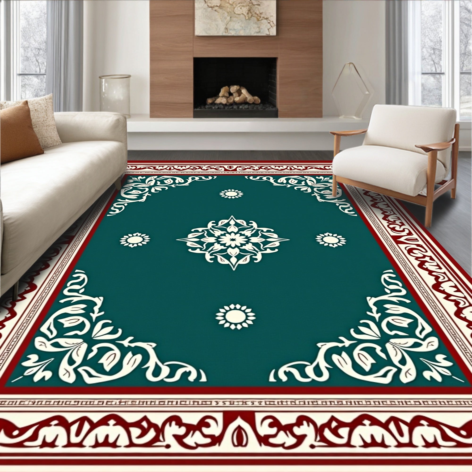 Teal Medallion Bordered Oriental Layout Rug
