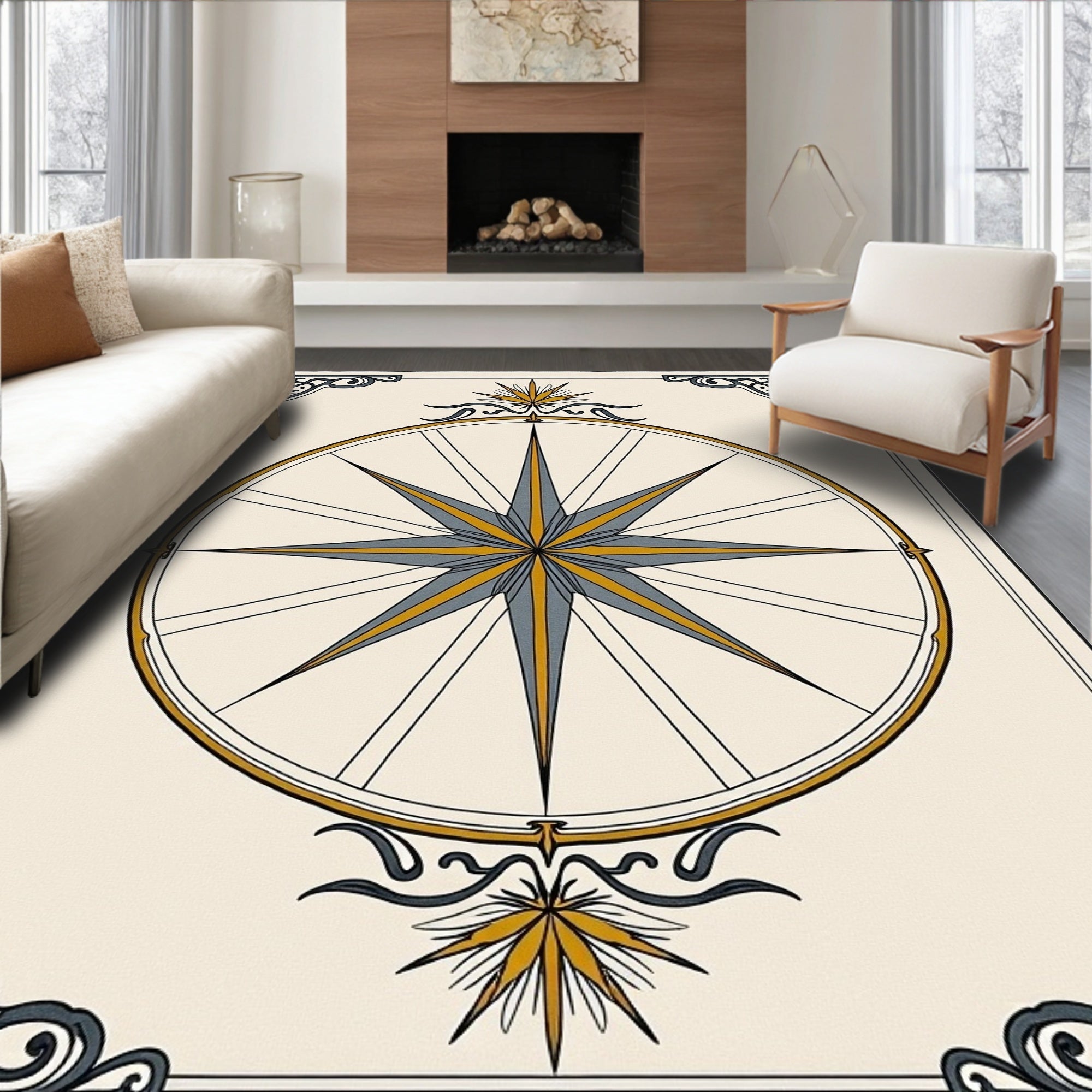 Golden Compass Rose Ornate Border Rug
